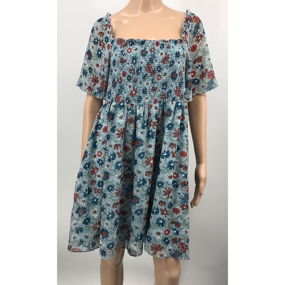 Madewell Flutter Sleeve Floral Wildflower Garden Blue Smocked Summer Dress Sz L